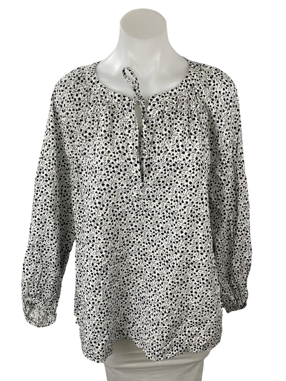 Ann Taylor Loft Black White Floral Tie Neck Long Sleeve Peasant Blouse Top Sz L